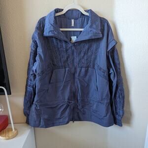Free People Movement Oh Hey Applique Blue Motif Eyelet Jacket NWT size S Small